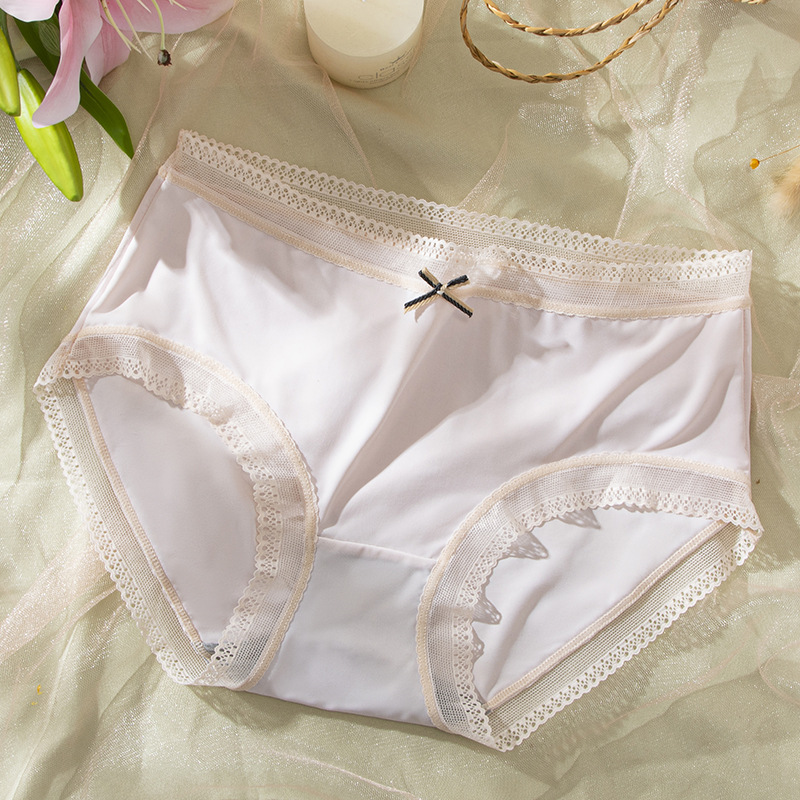 Absorción de humedad de seda de hielo interior anti-luz transpirable ropa interior de mujer exquisito encaje cintura arco estudiante calzoncillos