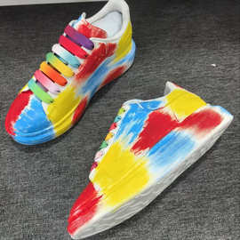 欧洲站男鞋时尚麦昆绘绘涂鸦潮流运动松糕鞋系带增高情侣厚底板鞋