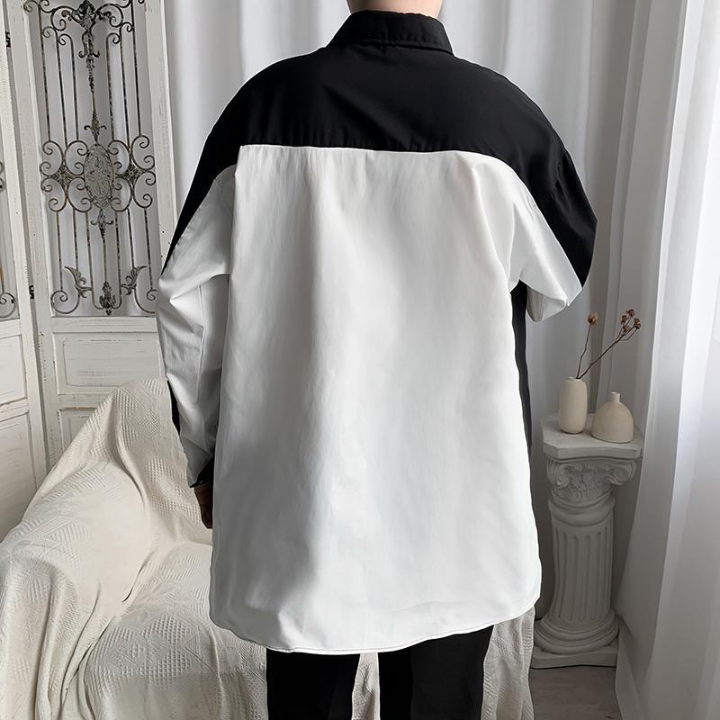 Men's Black And White Patchwork Long Sleeve Casual Shirt Trendy_voghion.com