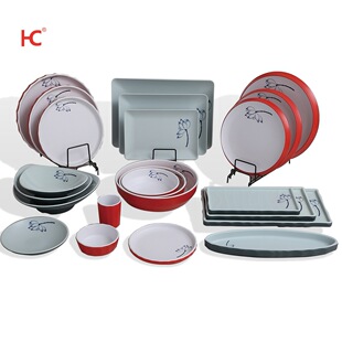 Customizable Two-Color Matte Thickeneded Melamine A5 Melamine Tableware Imitation Porcelain Plastic Round Bowl Rectangular Plate Dish Spoon