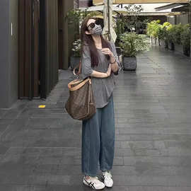 春夏梨形身材微胖女生穿搭款新款阔腿牛仔裤女高腰弯刀香蕉裤韩系