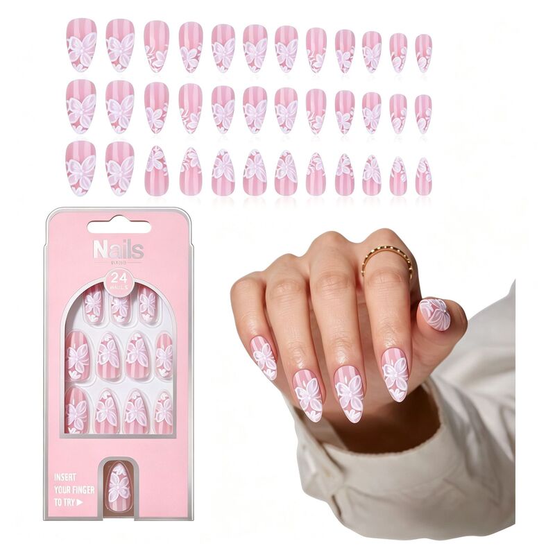 Sweet lace butterfly nail art, detachable almond-shaped nail tips, minimalist nude color nail stickers