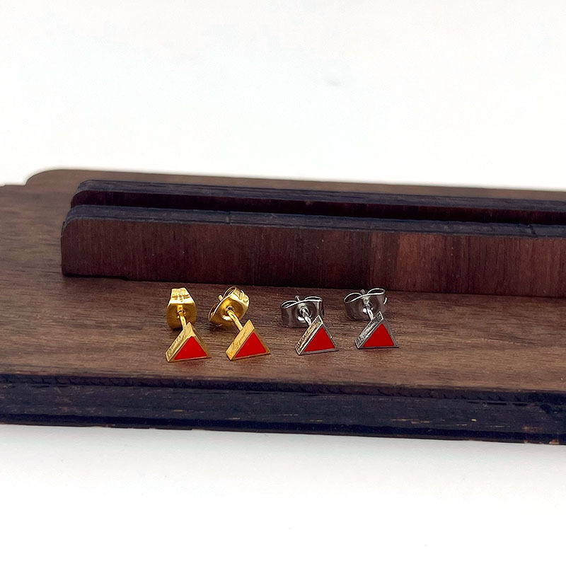 Stainless Steel Red Oil Dripping Triangular Pin Geometric Screw Pin High-End Earrings Personalized K Gold Plated Men and Women