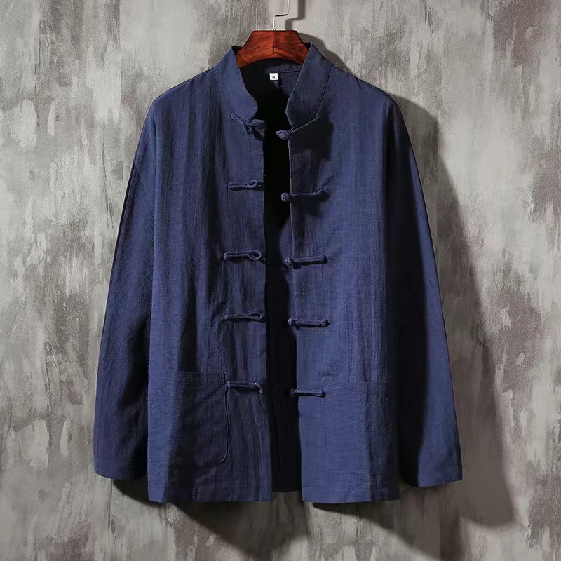 Primavera y otoño Nuevo estilo chino retro para hombres Camisa de lino de estilo chino Camisa de manga larga con hebilla de algodón y lino para hombres con cuello alto Traje Tang image 5