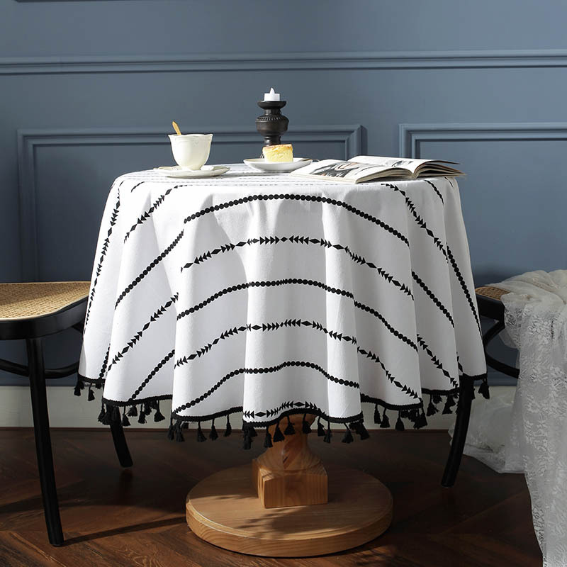 Flying Cat Cross-border  Bohemian Printed Striped Black Tassel Tablecloth Round Household Coffee Table Table Cloth display picture 2