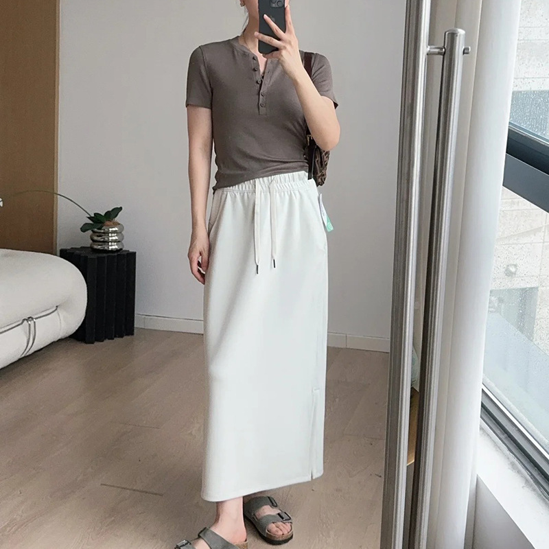 Running Casual Elastic High-Waist Yoga Skirt for Women with Side Slit Pockets Long Skirt Slimming Straight Fitness Skirt