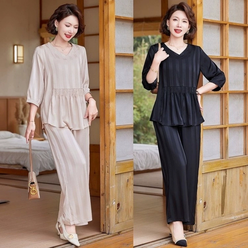 Женский костюм свободного кроя для мам, весна-лето 2025, новый стиль, жаккард, антивозрастной эффект, топ и брюки, комплект из двух предметов