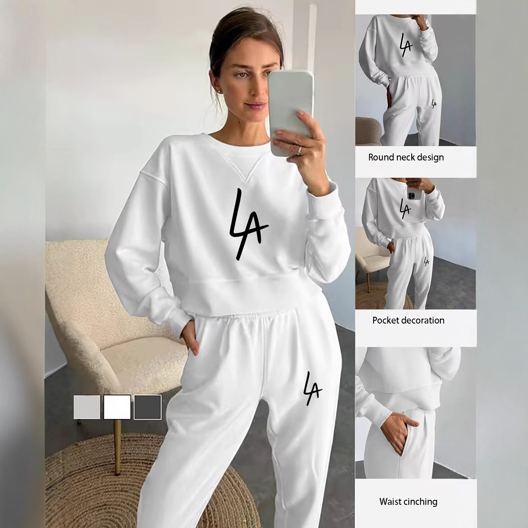 Women's Fleece Lined Two Piece Set Autumn Winter Casual Round Neck Trendy Print European American Style_voghion.com