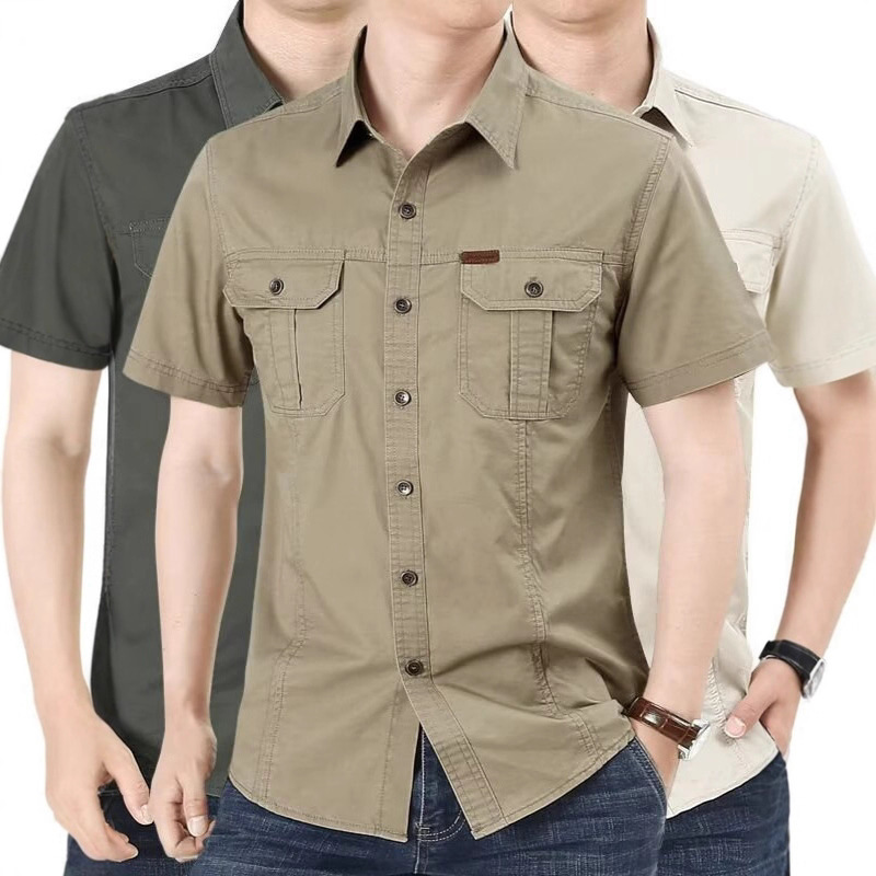 2025 Summer Short-Sleeved Shirt Men's Large Size Military Workwear Outdoor Loose Casual Inch Shirt Men's Thin Top Trendy