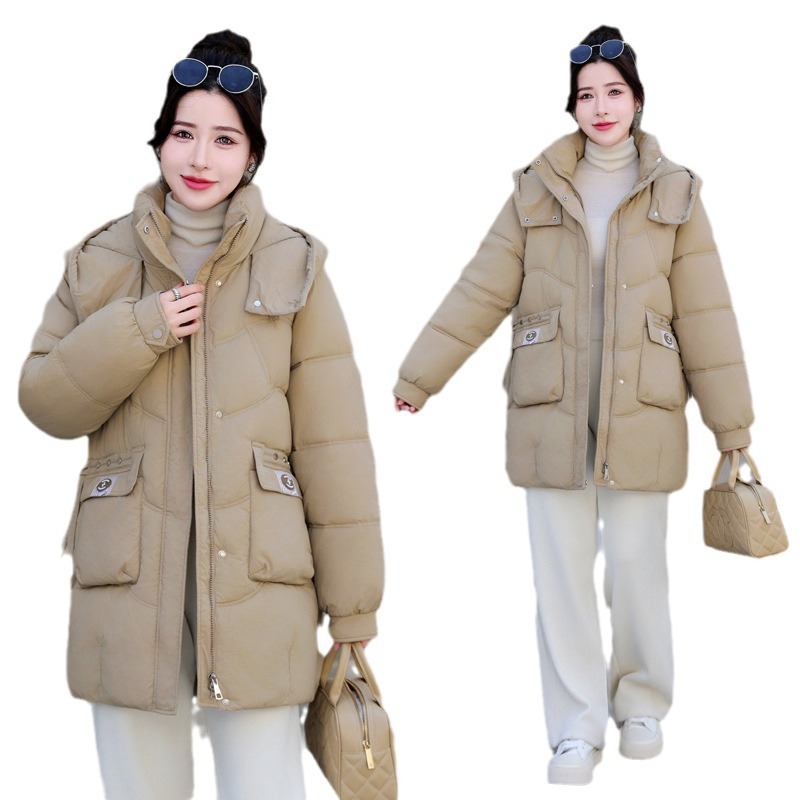 2024 invierno estilo coreano encapuchado vestido de pan de tamaño grande abrigo de algodón de pluma grueso mujer estilo largo exterior abrigo de algodón suelto image 6
