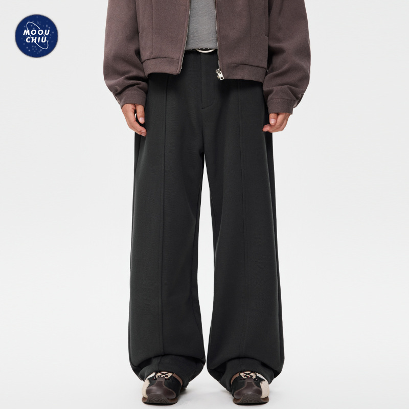 沐丘男装∣2025冬季新款加厚绒底保暖休闲裤男士宽松阔腿毛呢西裤