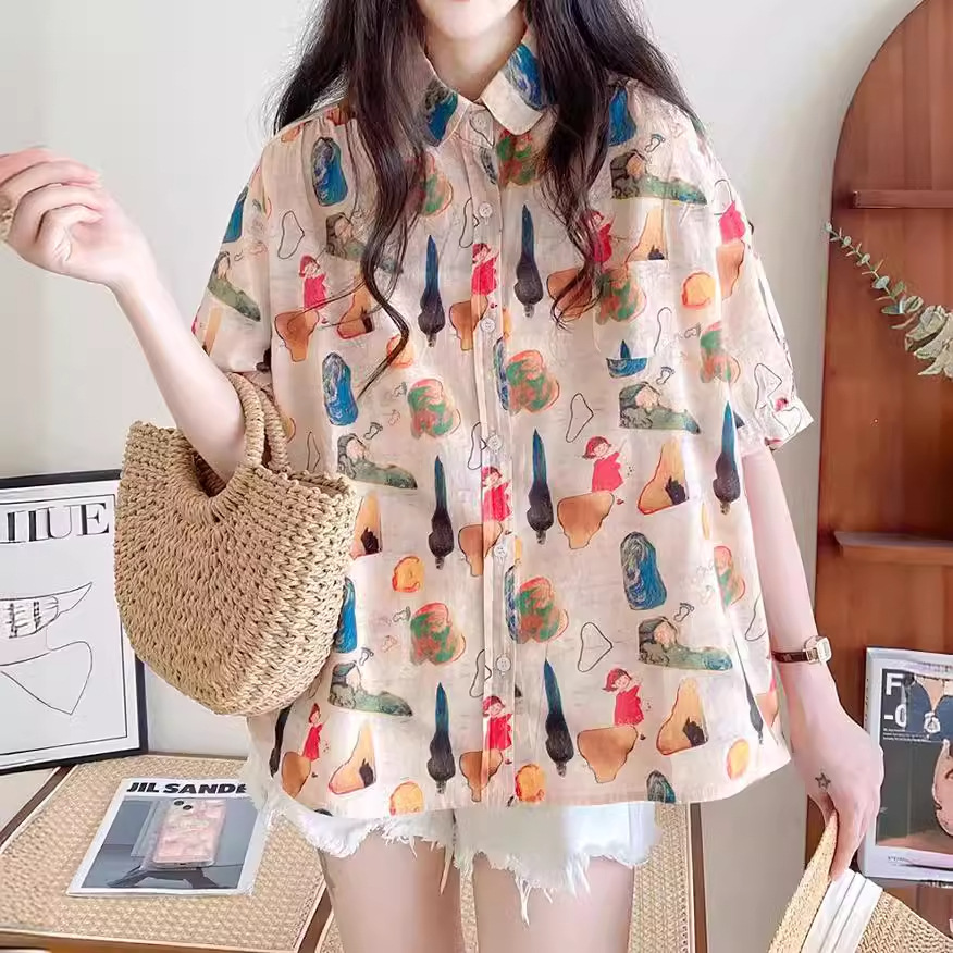 娃娃领衬衫女夏款日系原宿风彩绘女孩薄款涂鸦短袖衬衣上衣女装