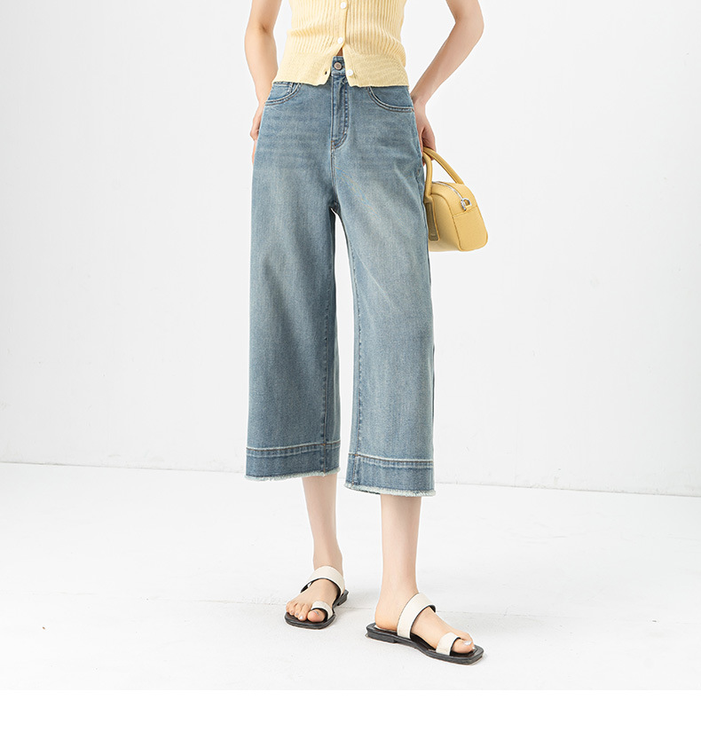 Quần jean nữ ống rộng cạp cao, chất liệu cotton pha linen mỏng nhẹ, dáng suông rủ, gấu tua rua — xanh lam chi tiết 7