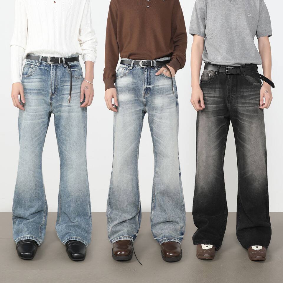 Quần jean nam ống loe nhẹ dáng rộng thoải mái, vải denim xử lý bạc màu — màu xanh, màu xanh nhạt, màu xám đen