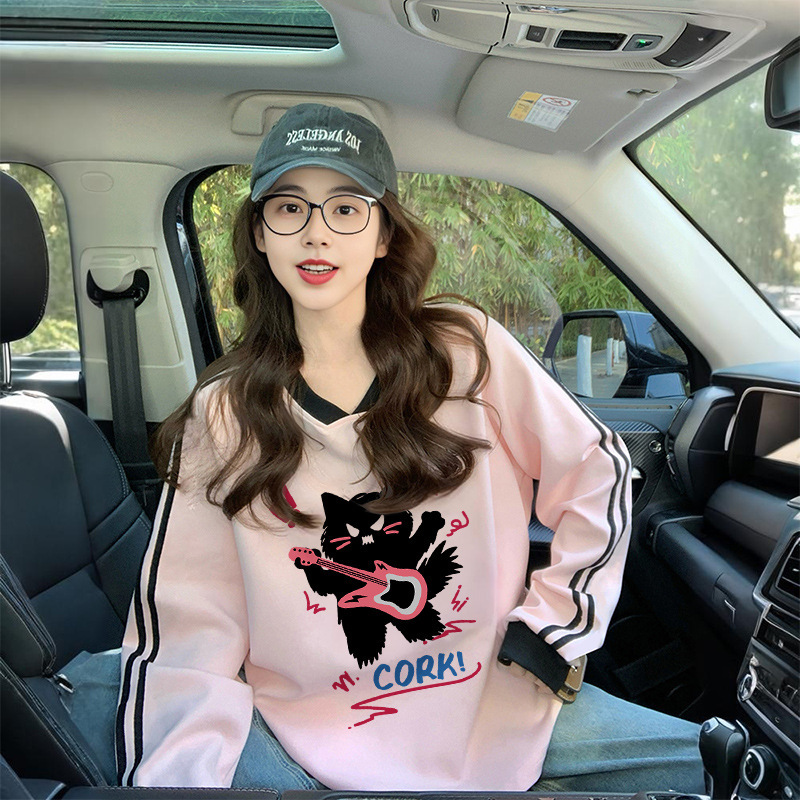 美式复古两条杠拼接薄款卫衣女甜酷风卡通涂鸦洋气宽松遮肚子上衣|undefined