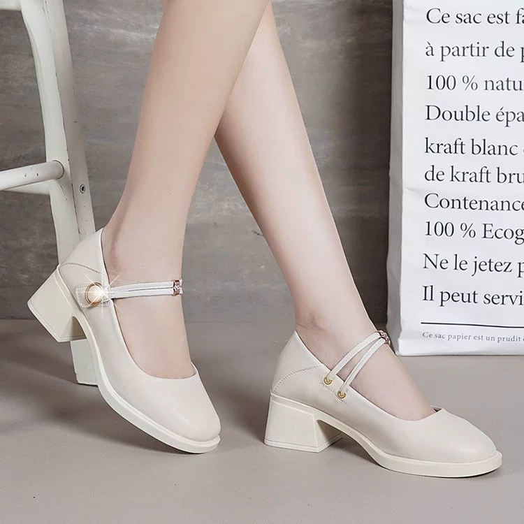 Белые кожаные туфли Мэри Джейн на толстом каблуке во французском стиле для женщин 2024 Весенние Новые лоферы на высоком каблуке Женская обувь с юбкой