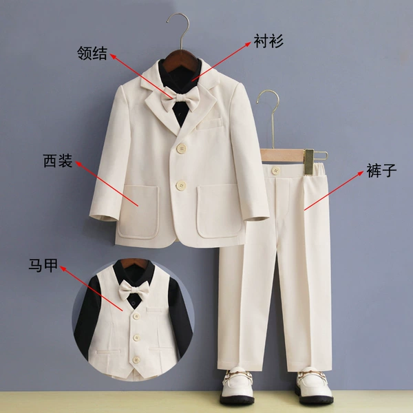 White suit, vest, trousers, black shirt, bow tie