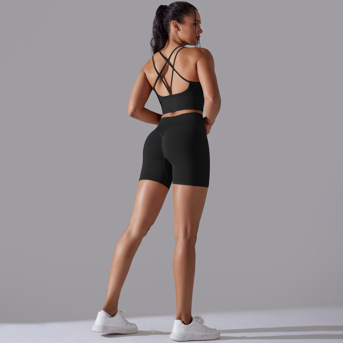Transfronteriza europea y americana sin costuras de punto de color sólido belleza espalda alta elástica deportes apretados ropa de yoga traje de correr fitness traje de dos piezas