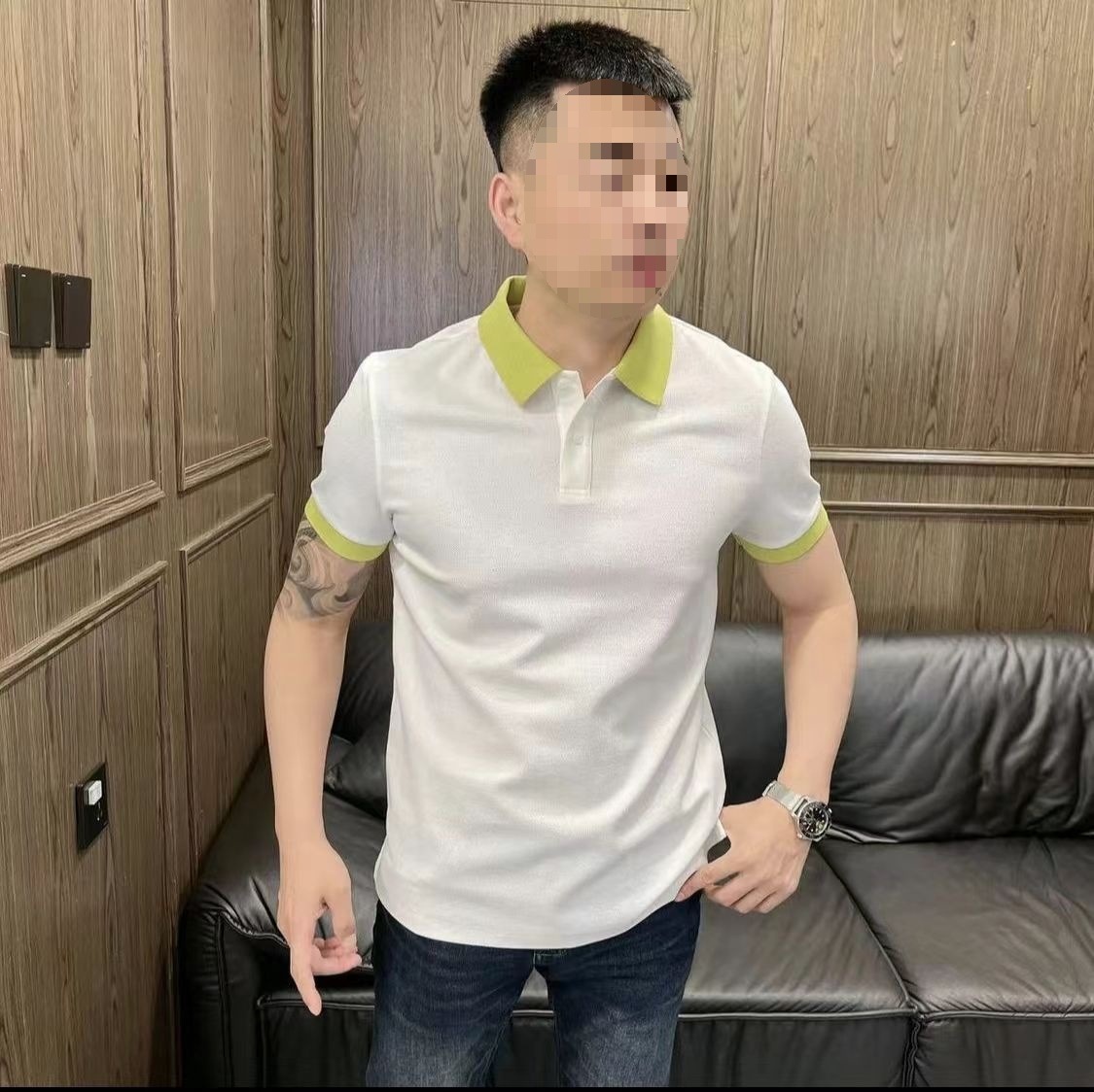 Áo polo nam tay ngắn cổ bẻ phối màu thời trang hè 2026 — màu đen, màu ô liu xanh, màu cam, Xanh lông mòng đen chi tiết 16