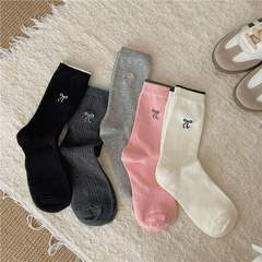 秋冬新款芭蕾風刺繡蝴蝶結襪子女ins襪口豎條中筒堆堆襪諸暨襪子