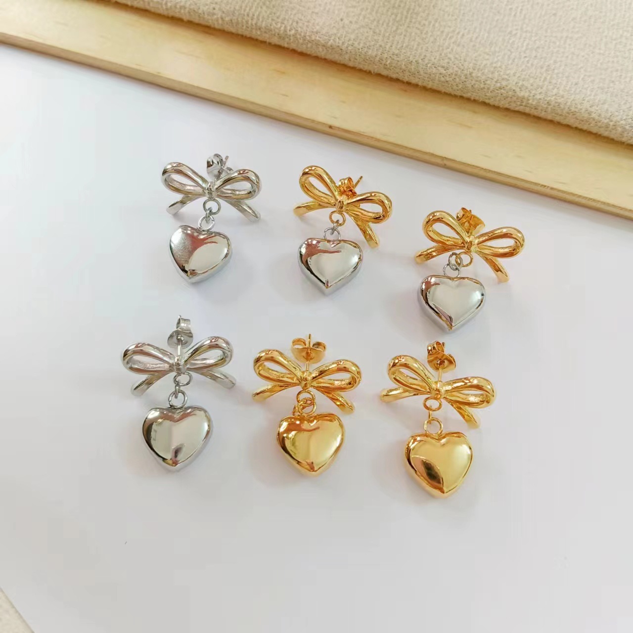 304 Stainless Steel Ear Needle Material Real Gold Plated Plating Material Real Gold Plated Heart Shape Bow Knot Titanium Steel Simple Style Classic Style Waterproof Non Tarnish Drop Earrings