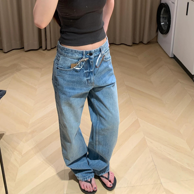 Niche Alrigh*1157L Distressed White Light Blue Straight Jeans Women's Summer Mid-Low Waist Textured Pants