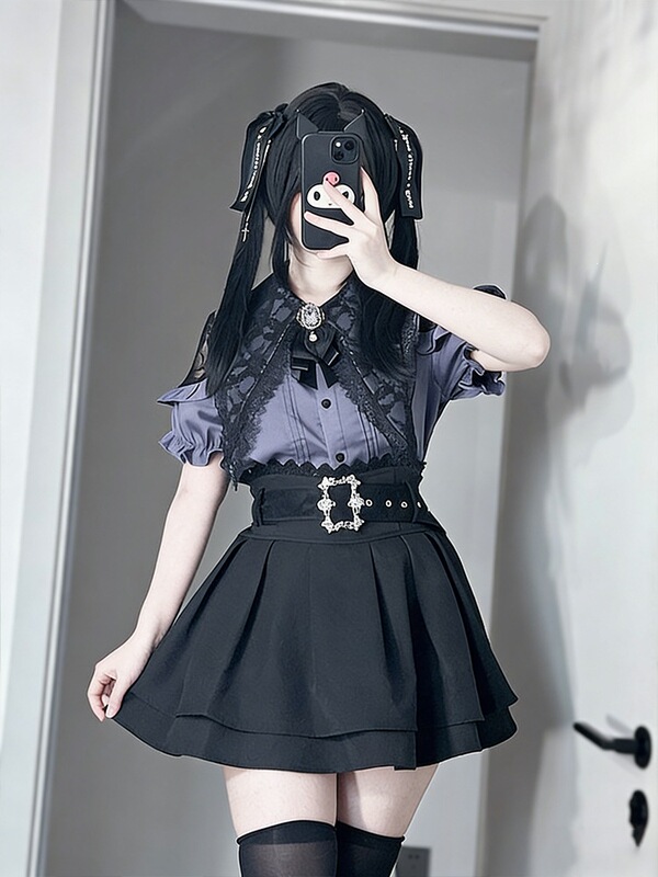 Popular College-Style Mass-Produced Lace Outfit in Red, Black, and Purple for Summer: Women's Pleated Short-Sleeve Shirt and Suspender Skirt Set Popular College-Style Mass-Produced Lace Outfit in Red, Black, and Purple for Summer: Women's Pleated Short-Sleeve Shirt and Suspender Skirt Set