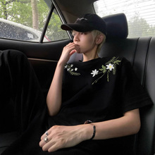 美式高街花卉刺绣t恤男潮高级感夏季ootd短袖小领口重磅情侣半袖