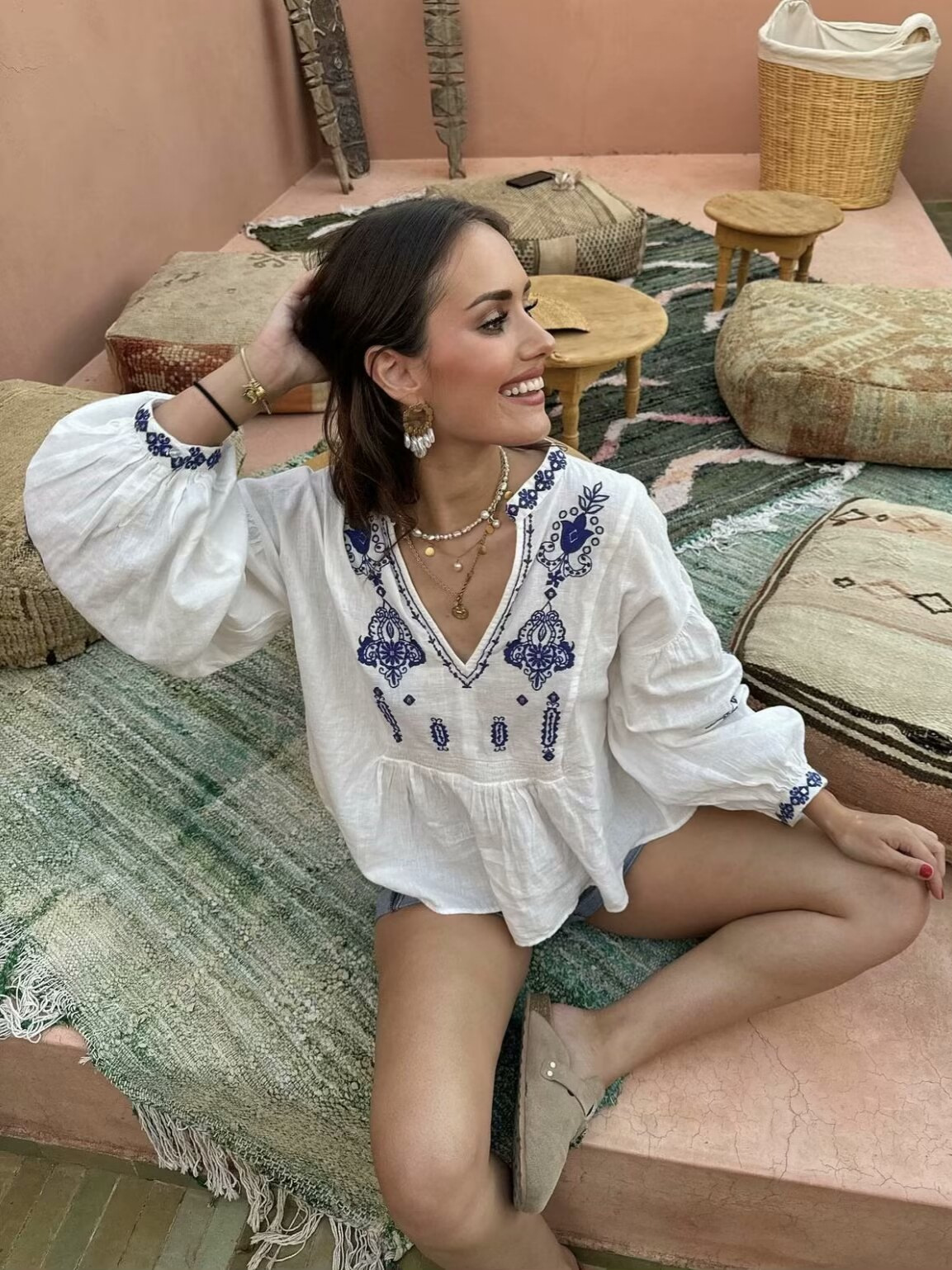 Cross-border Women's 2024 Summer New European and American Fashion Casual V-neck Cotton Beaded Embroidered Shirt Top Women