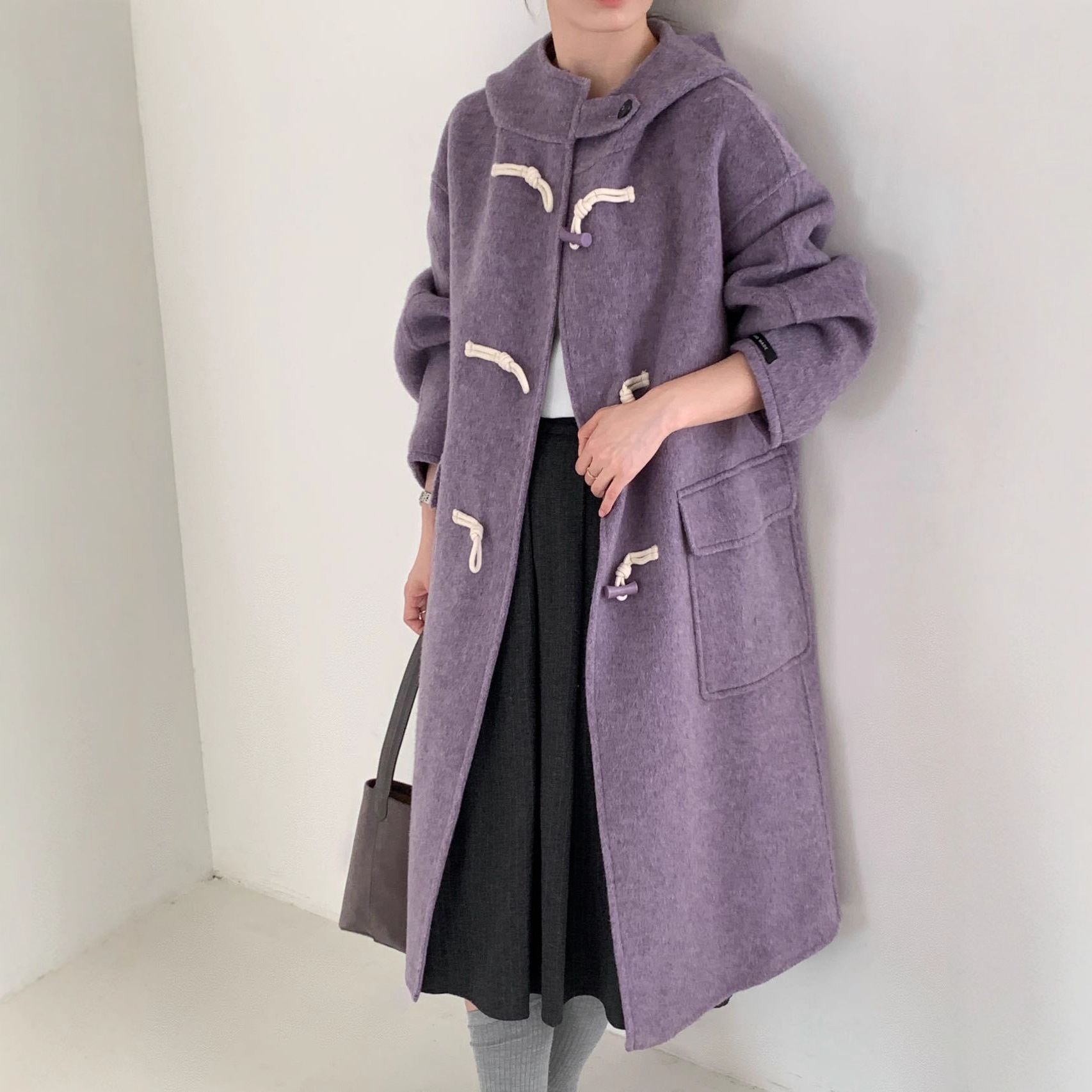 New Korean Style Horn Button Hooded Outwear Double-Sided Wool Outwear Women's Long Wool Over-The-Knee Loose Preppy Style Wool Outwear