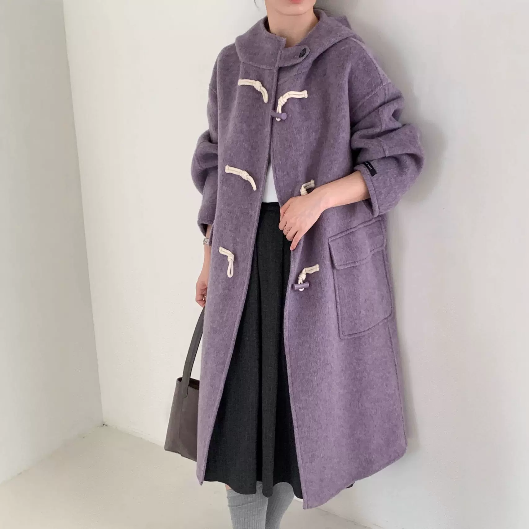 新款韩系牛角扣连帽外套双面羊毛大衣女长毛过膝宽松学院风呢外套