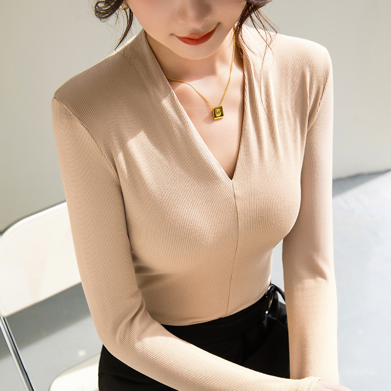 Threaded Base Shirt for Women 2025 New Style Women's Deep V Stylish Top Elastic Inner Wear Tight-Fitting Long-Sleeve Top Slimming Threaded Base Shirt for Women 2025 New Style Women's Deep V Stylish Top Elastic Inner Wear Tight-Fitting Long-Sleeve Top Slimming