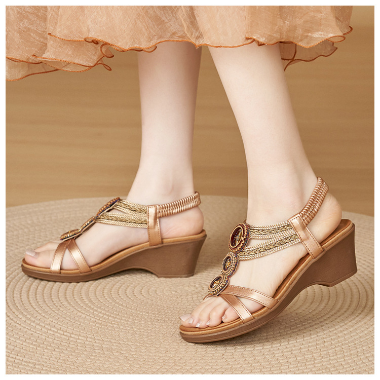 Sandal cao gót nữ phong cách Bohemian đế xuồng, đính đá và dệt kim loại, quai ngang — Champagne màu, màu đen, màu vàng chi tiết 6