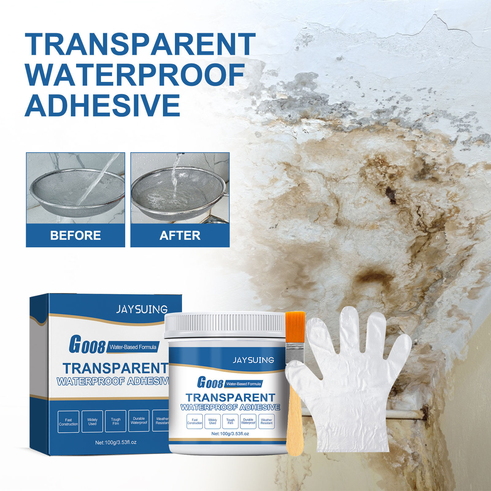 Jaysuing透明防水胶家用厨卫管道屋顶墙面多功能防水防漏密封涂料