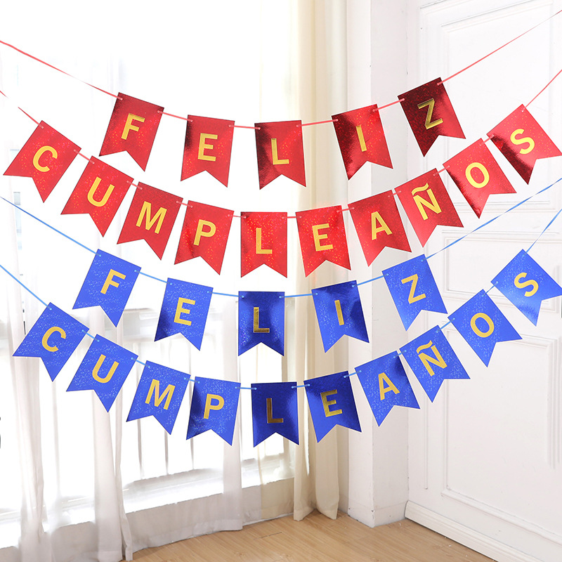 Feliz cumpleaños en español, cola de pez, bandera, láser, fiesta de cumpleaños en español, decoración de escena, fábrica de banderas colgantes al por mayor