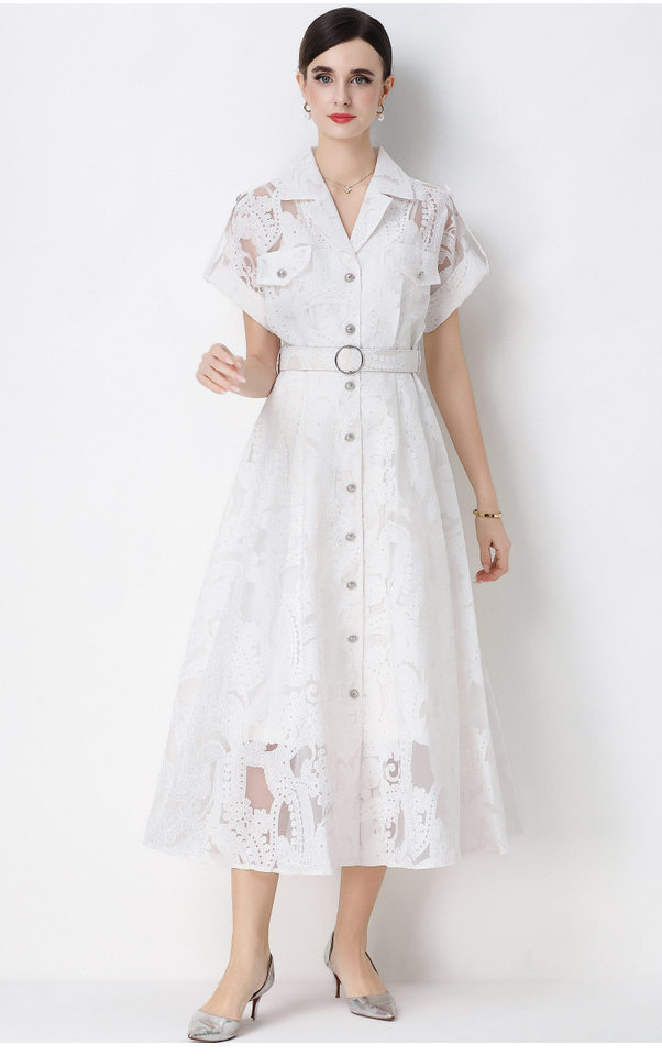 Đầm maxi nữ ren thêu hoa cổ vest cài cúc thắt eo dáng dài thanh lịch — xanh lam, màu trắng, màu vàng chi tiết 14