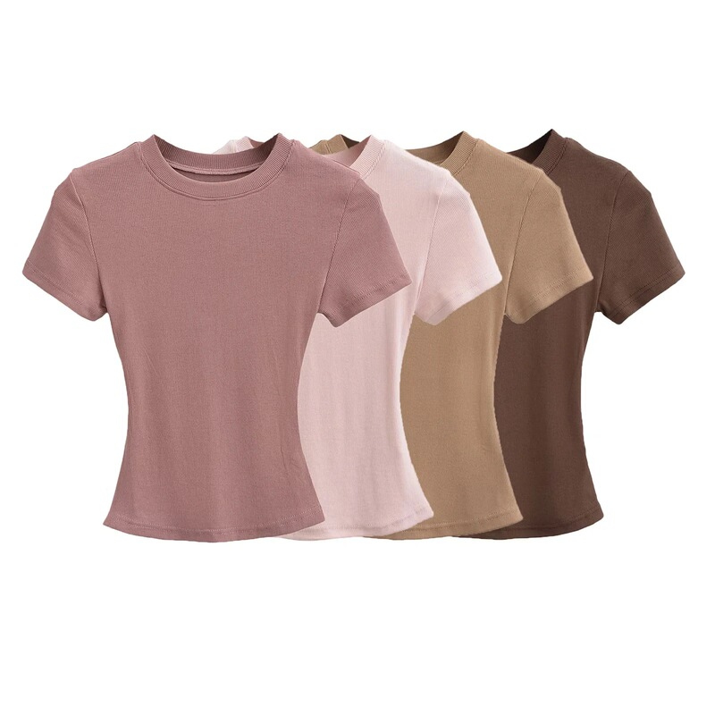 European and American Kardashian Style Sexy Small Round Neck Short-Sleeved T-Shirt for Women 2025 Summer Skims Pure Color Basic Threaded Top
