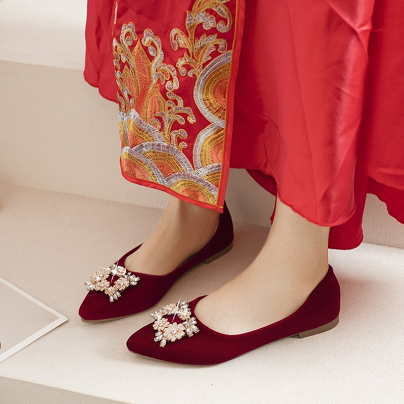 2026 Spring and Autumn New Retro Red Flat Shoes with Embroidery, Chinese Style Wedding Shoes with Square Buckle and Pointed Toe for Women