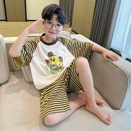 男童休闲睡衣套装韩国夏季儿童洋气卡通条纹短袖短裤薄款家居衣服
