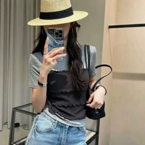 Korean Dongdaemun Summer New Regular Style Commuter Fashion Versatile Layered Fake Two-Piece T-Shirt Top Korean Dongdaemun Summer New Regular Style Commuter Fashion Versatile Layered Fake Two-Piece T-Shirt Top