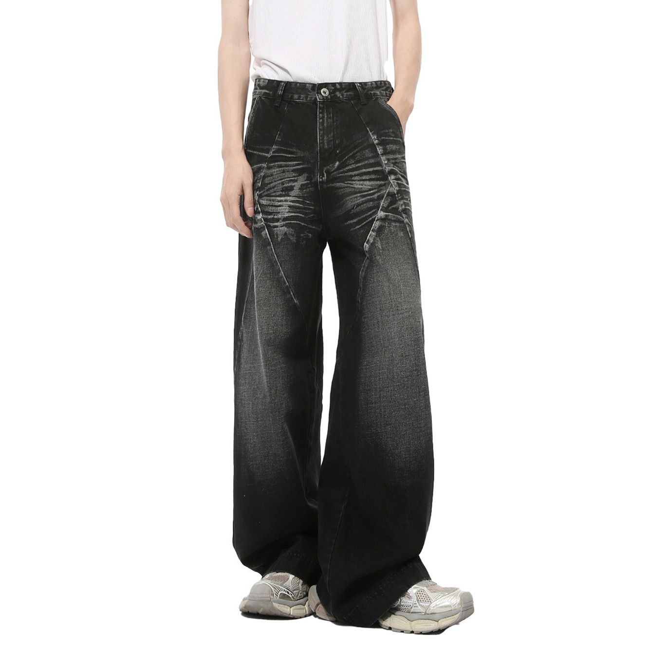 MTLCLOTHES男装|秋款新品 美式高街水洗猫须纹立体拼接直筒牛仔裤