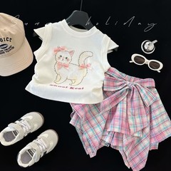 女の子セット2025夏新作ノースリーブ漫画tシャツ不规则蝶結びショートスカート洋気2点セット