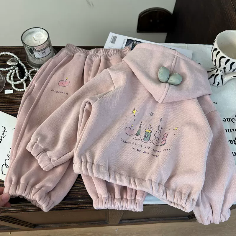 韩版童装2025新款秋冬女童卡通加绒卫衣外套儿童针织卫裤两件套潮