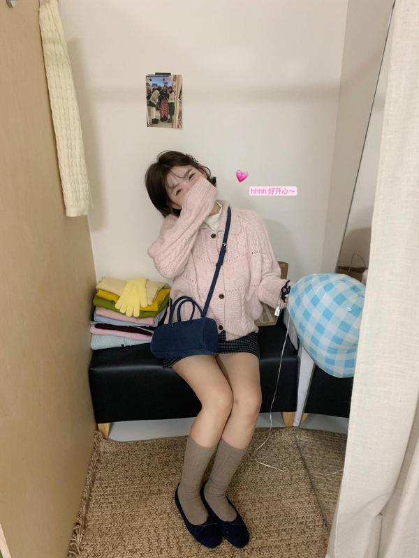 韩系甜美温柔粉色针织开衫毛衣女2025秋季翻领慵懒风外搭上衣外套|undefined
