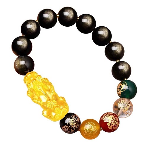 Five-way God of Wealth Gold Obsidian Bracelet Sand Gold Pixiu Year of the Tiger Transport Beads Safe Fortune Bracelet 2024 New Style