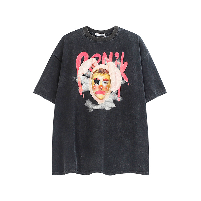 La marca de moda lavada vintage payaso impreso camiseta de manga corta para hombres y mujeres camiseta de media manga de pareja de moda nacional de moda