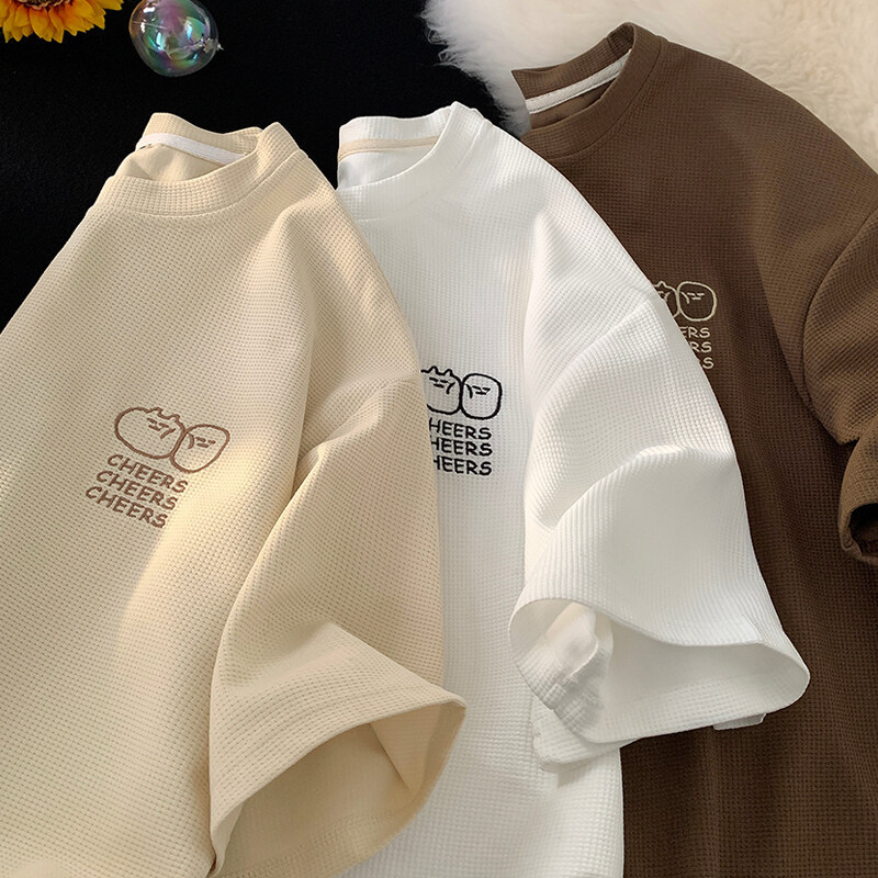 Waffle Short-Sleeved T-Shirt Men's Summer Heavyweight Trendy Brand Quarter-Sleeved Top Youth Ice Silk Quick-Drying Half-Sleeved T-Shirt