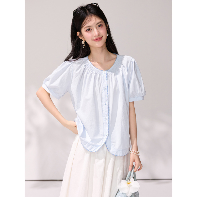 French-Style Light Blue Puff-Sleeved Shirt, Summer Pleated Round-Neck Lace Cardigan, Gentle Style Short-Sleeved Top
