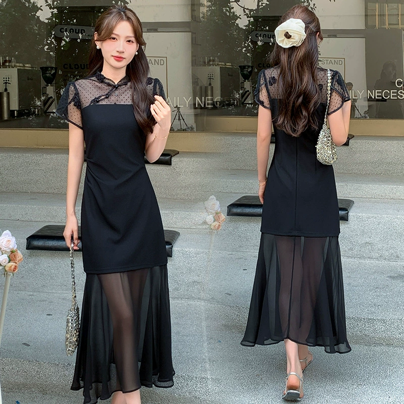 Летнее вечернее платье 2025 года с тяжелым кружевным пэчворком и сеткой, средней длины, с эффектом стройнящего силуэта для вечерних свиданий