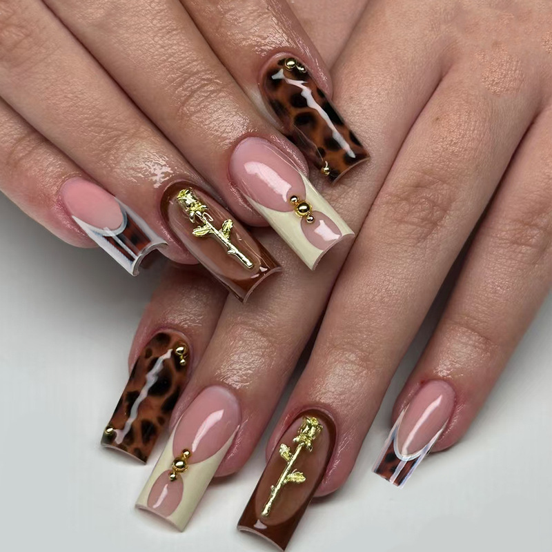 24 Pieces of Autum Leopard Print Wearable Nails Cross-Border Square Golden Rose French Fake Nails Removable Manicure Nails